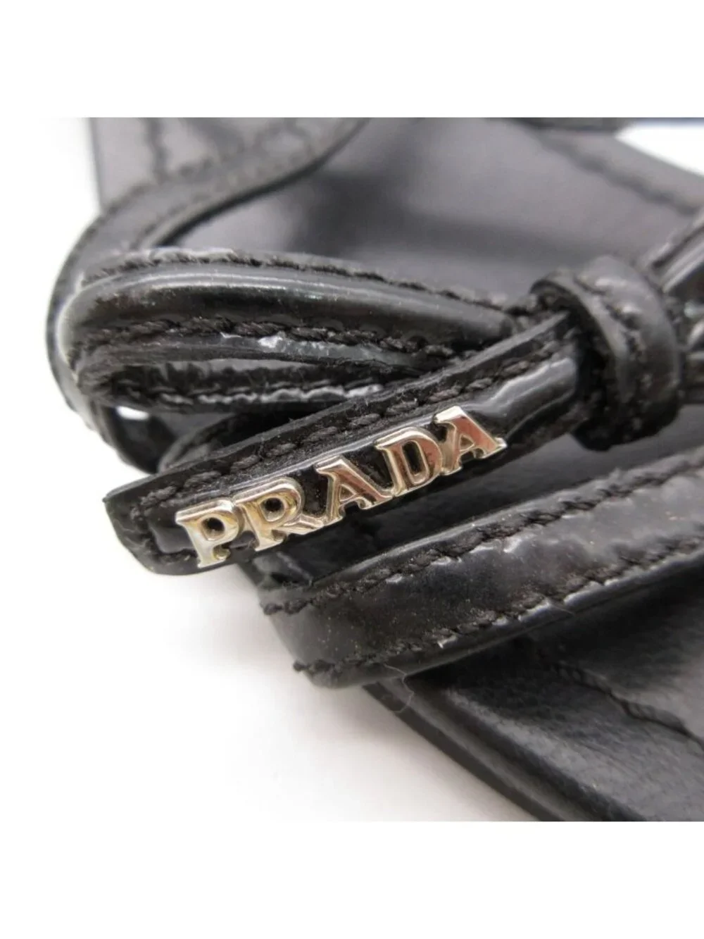 Prada Sandals Wedge Sole Ribbon Cross Strap Logo Patent Leather Black